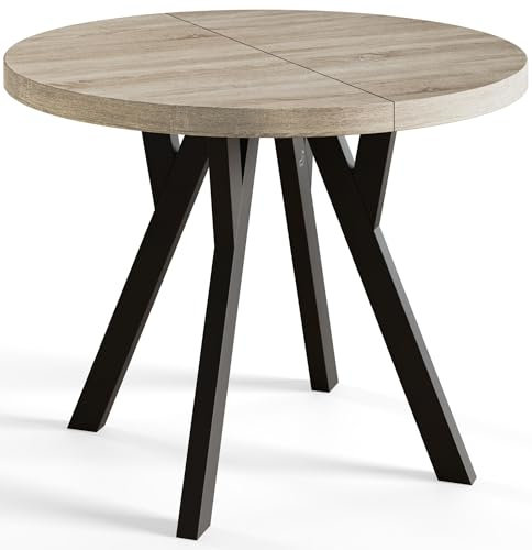 AlpiMeble Runder Esszimmertisch OVO, ausziehbarer Tisch Durchmesser: 120 cm bis 220 cm, Wohnzimmertisch Farbe: Sonoma, mit Holzbeinen in Farbe Schwarz