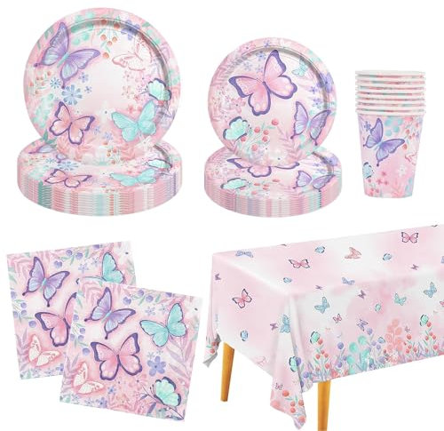 Vajilla Cumpleaños Mariposas 51 Piezas - Juego de Platos Infantil para Aniversario, Picnic, Bodas - Platos, Servilletas, Vasos de Papel y Mantel - 7''/9''