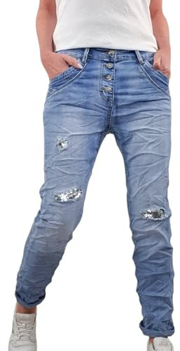 Karostar Damen Stretch Jeans| Boyfriend Hose mit Knopfleiste| Mid Rise 5 Pocket (Destroyed Pailletten, M)