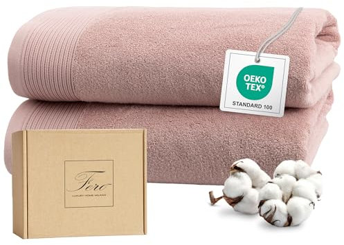 Ferò Lot de Serviette de Bain Grande Taille, 2 Pièces, 100% Coton Doux de Luxe, Ultra Absorbant & Épais, Oeko-TEX, Drap de Bain Douce & Confortable, Design Italien, 2 Serviettes Bain 70x140 cm, Rose