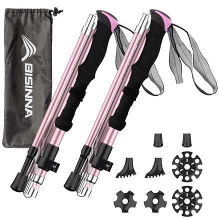 BISINNA Bastones de Senderismo Bastones Trekking Plegables 2pcs Bastones Marcha Nordica Aleación de Aluminio y EVA Mango para Senderismo Alpinismo Trail Viaje （3 Colores） (Rosa, 95-110cm)