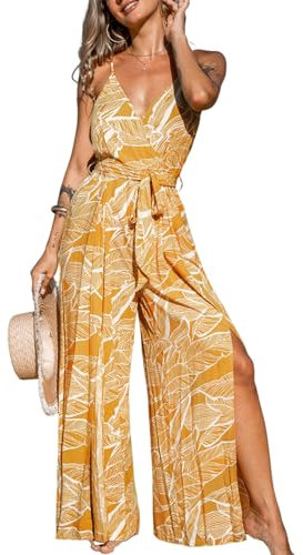 CUPSHE Damen Jumpsuit Wickeloptik V-Ausschnitt Ärmellos Tropisch Schlitz Vorne Weites Bein Lang Playsuit mit Gürtel Sommer Lose Overalls Hosenanzug Gelb L
