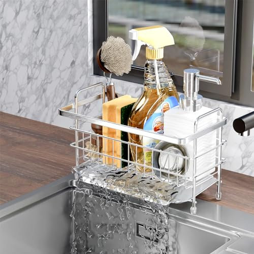 PAVSTINE Soporte Estropajo Fregadero de Cocina con Escurridor, organizador fregadero Acero Inoxidable 304, Soporte Esponja Organizacion Cocina Paredes y Encimera Doble Uso, Porta Estropajos Fregadero