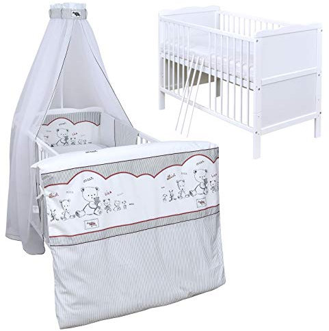 Generisch Baby Delux Babybett Komplett Set Kinderbett 60x120 cm umbaubar zum Juniorbett weiß 10-TLG Max Bettset Matratze Chiffonhimmel (Bear Family)