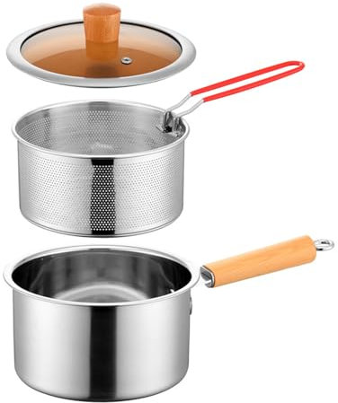 Deep Fryer Pot with Basket,1200ml Handled Stainless Steel Chip Pan,Small Deep Fat Fryer French Fries Pot,Japanese Style Tempura Frying Pan,Fryer Pasta Ergonomic Handle Fryer (20x10cm 304)