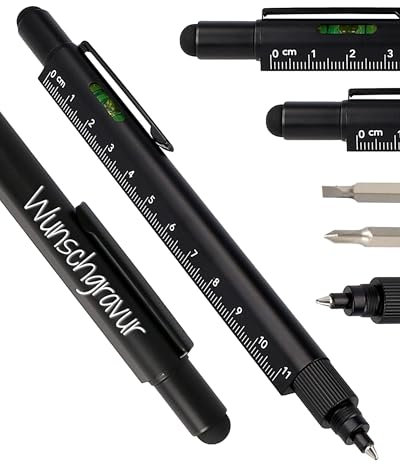 Online Männer Geschenk Stift 6-in-1 mit persönlicher Namens-Gravur Schwarz I Multitool Stift personalisiert I Multifunktions-Kugelschreiber und Werkzeug I Geschenk für Mama, Papa, Handwerker