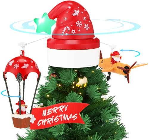 Realspring Weihnachten animierte Baumspitze mit Banner Weihnachten Weihnachtsmann Heißluftballon und Flugzeug mit Banner Lustige Weihnachtsbaumspitze Weihnachtsbaumschmuck