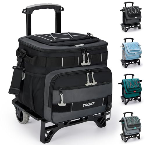 TOURIT 48-Kanister Kühlbox kühltasche mit Rollen, Zusammenklappbare, auslaufsichere, isolierte, verbesserter Ausstattung und neuen Rädern, geeignet für Strand, Picknick, Einkaufen Schwarz