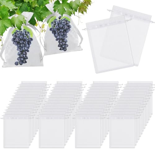 LYPPUL 100PCS Fruit Protection Bags, 15x20cm Garden Fruit Cover Mesh Bag with Drawstring, Reusable Fruit Netting Bags for Fruits Trees Strawberry Grape Vegetables (White)