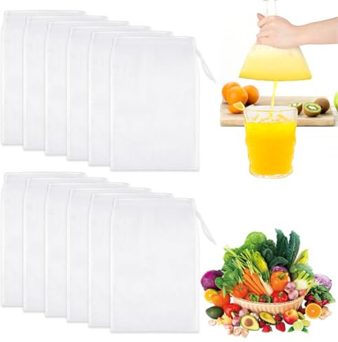 GIONAR 12 Stück Nussmilchbeutel, Passiertuch Wiederverwendbar, Käsetuch, Leinentuch, Nussmilchbeutel Bio waschbar, Abseihtuch, Seihtuch, für Nussmilch Käse Kaffee Joghurt Fruchtsaft