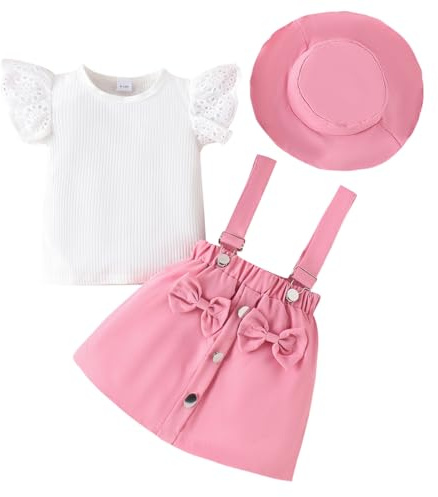LUVCES Bambina Gonne Set Estivi Manica Corta con Volant Coste Top + Bowknot Bretelle Abito+ Cappello Estivi Abiti 3Pcs Completo Bambine