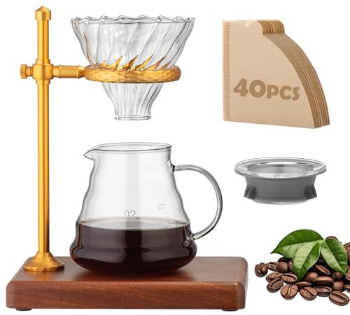 shoxil Pour Over Kaffeebereiter Set - Glas V60 Kaffee-Tropfer mit Edelstahlständer, Holzsockel & 40 Filtern - Reisefilter Kaffeemaschine
