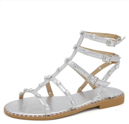 IF Fashion Schuhe Sandalen Flip-Flops Gladiator Sommerstiefel für Damen mit Nieten Kunstleder 6868-136, 701 Silber Schnallen, 39 EU