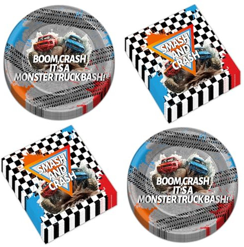 CHUNNIN 50Pcs Monster Truck Party Plates and Napkins Racing Car Party Decorations Monster Truck Disposable Race Car Tableware Set Serves 25 Guest Dinnerware Kids Boys Birthday Baby Shower Supplies