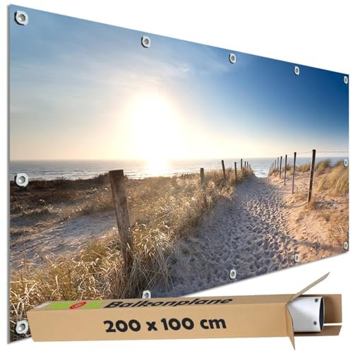 TRIOSK Sichtschutz Balkon Deko Plane Balkonblende Blickdicht mit Motiv Meer Strand Weg Spuren für Garten Terrasse Gartenzaun Balkonverkleidung Blickschutz PVC groß 200x100 cm