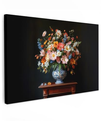 MuchoWow© Leinwandbilder 90x60 cm Wall Art Decoration Bilder für die Wand Schlafzimmer Deko Canvas Painting Wanddekoration Wohnzimmer Blumenstrauß Rosa Blumen Vase