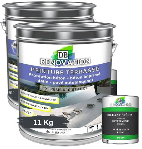 PEINTURE SOL TERRASSE Extérieur pour béton, pavé - Forte protection UV - Haute imperméabilité - Passage fréquent - Gris anthracite 11KG + 1L Diluant