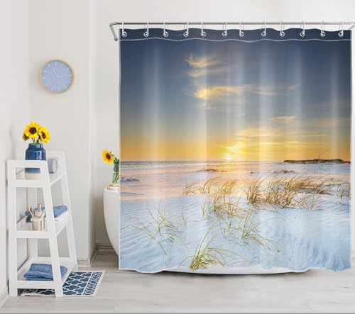Latwerio Duschvorhang Strand Meer 3D Duschvorhang Antischimmel 120 x 180 cm Wiese Badezimmer Vorhang Wasserdicht Duschvorhänge Waschbar Bad Vorhäng für Badewanne mit 8 Haken Y772