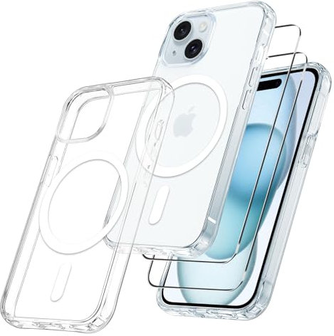 Cover Magnetica per iPhone 15 6,1 Pollici con 2 Pezzi Pellicola Protettiva in Vetro Temperato,Compatibile con MagSafe,Custodia iPhone11,Morbido TPU Sottile Protezione Antiurto Case,6.1” -Trasparente