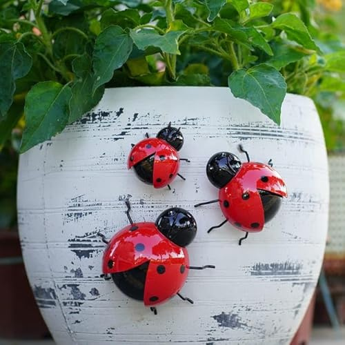 FAHAAM Set of 3 Decorative Metal Bees and Ladybirds, Decorative Bumble Wall Art, Garden Planter Ornaments, Metal Ornaments for Indoor & Outdoor Use, Indoor & Outdoor Wall Decorations. (Ladybirds)