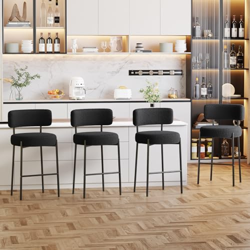 Ckaff Barhocker 4er Set, 63.5cm Sitzhöhe Barstuhl Küchenstuhl, Tresenhocker Bistrohocker mit Rückenlehne und Fußstütze, Gepolsterte Küchenhocker Esszimmerstuhl für Kücheninsel, Bar, Esszimmer, Schwarz