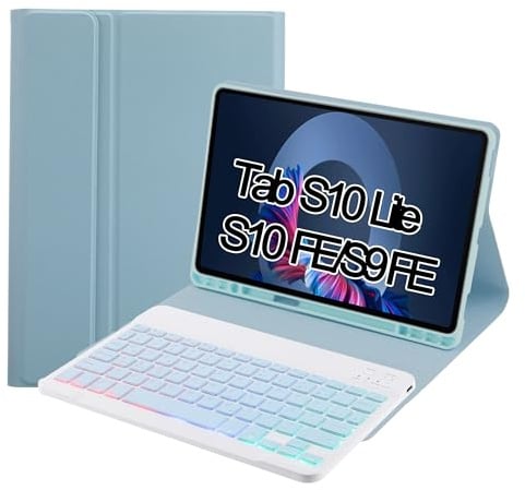 SUEEWE Tastatur Hülle für Samsung Galaxy Tab S10 Lite & S10 FE, Blau | TPU Rückseite Hülle mit 3 Bereich 7 Farbe Beleuchtete Abnehmbarer QWERTZ Tastatur
