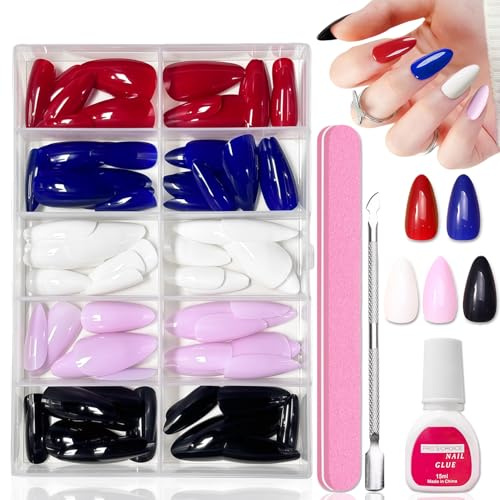 5 Farbe Künstliche Fingernägel - 120Pcs Mittel Press on Nails Almond - Vielseitig Weiß Schwarz Blau Rosa Rot Nägel Zum Aufkleben - Glossy Acryl Kunstnägel Zum Aufkleben Für Frauen Nail Art(5 Colors)