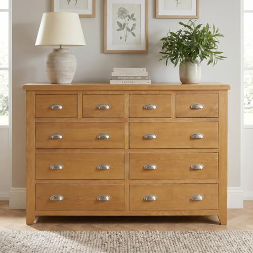 The Furniture Market Cheshire Oak Extra Large Jumbo 10 Drawer Chest – Solid Oak Frame, Four Small Top Drawers, Six Large Lower Drawers, Timeless Shaker Style, Natural Oak Finish