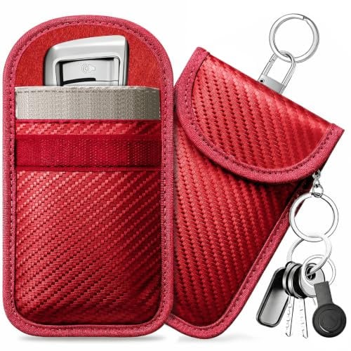 caslord Faraday Pouch for Car Keys, Pack of 2 Anti-Theft RFID Key Fob Protection Bag with 4 Pack Key Rings for Car Security, M, Dark red