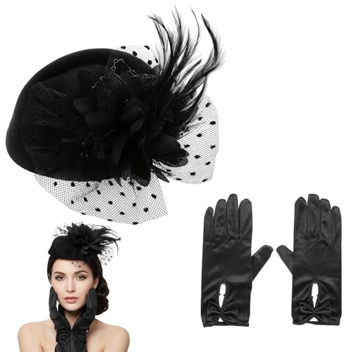 ZYLOUY 2 Stück Fascinator Damen, Elegantes Set Mit Feder Und Handschuhen, Schwarz Damen Spitzenhandschuhen, 20er Und 50er Jahre Stil, Karneval Kostüm Damen, Perfekt Für Hochzeiten Cocktailparty