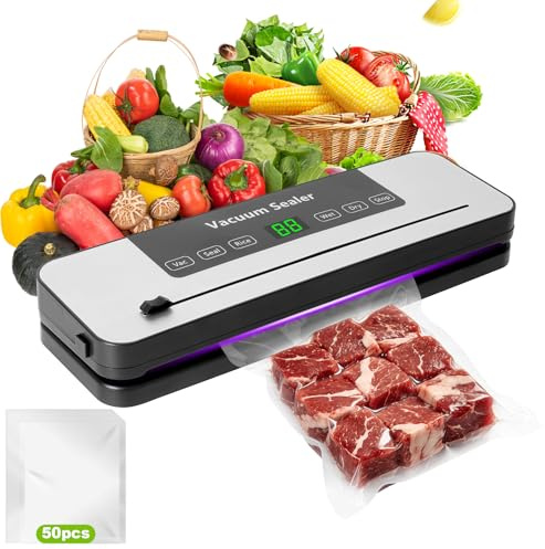 Vakuumierer, Vakuumiergerät 7 in 1 mit 50 Vakuumierbeutel, Vakuumiergerät Profi mit Cutter, Ideal für Trockene & Feuchte Lebensmittel, Lebensmittelkonservierung