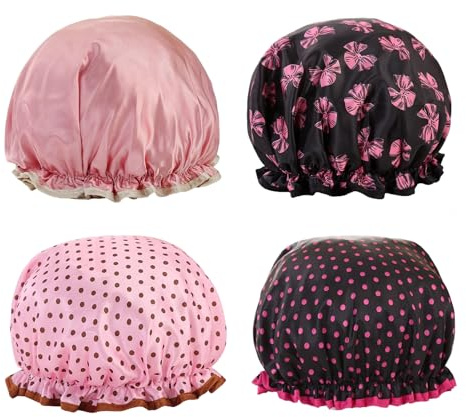 YOCHLEY 4 Piezas Gorro Ducha Mujer Gorros de Ducha Impermeable con Banda Elástica Reutilizables Gorro Pelo de Doble Capa para Niñas Salón Viajes Cocina Hogar Spa