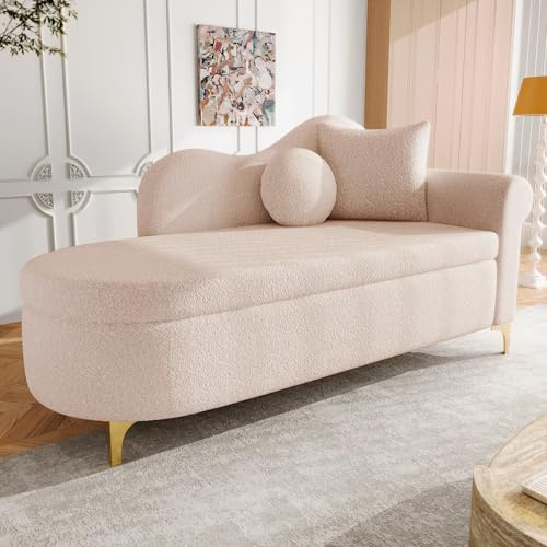 YuQozii Multifunktionale Chaiselongue mit Stauraum, 134 cm, modernes Design, wellenförmige Rückenlehne, Lammfell-Optik-Stoff, hochdichter Sitzkissen, inkl. Lendenkissen + Nackenkissen,Hellrosa