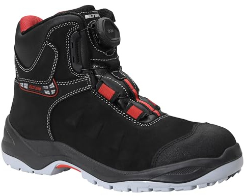ELTEN Sicherheitsschuhe TILL BOA Mid ESD S3, Damen und Herren, Leder, Stahlkappe, leicht, robust, Schwarz/Rot, Größe: 40