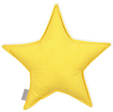 KraftKids Sternkissen weiße Punkte auf Gelb, 45 cm großes Kuschelkissen, Deko-Kissen für das Kinder-Zimmer