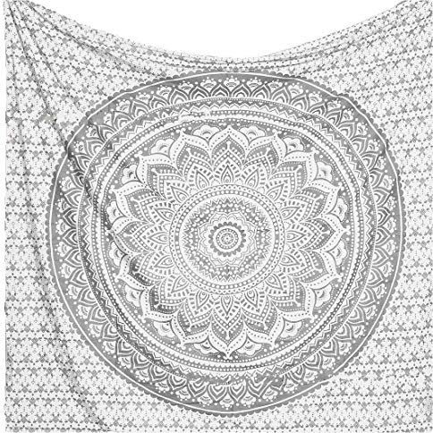 THE ART BOX Indie Wandteppich Baumwolle Mandala Wandbehang Deko Teppich Aesthetic Room Decor Dekoration Wandtuch/Strandtuch Wohnzimmer Indische Tücher Schlafzimmer, Silber und Weiß,210x230 Cm