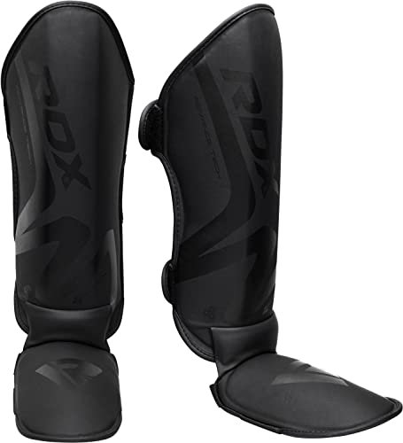 RDX Schienbeinschoner Kickboxen, NOIR Schienbeinschützer Thaiboxen Kampfsport Muay Thai MMA Spannschützer, Maya Hide Leder, Schienbeinschutz Polster Shin Guard Sparring Beinschutz Herren Damen Schwarz