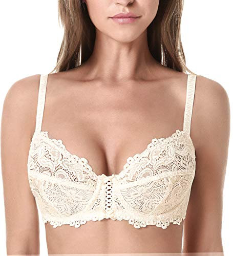 WingsLove Women's Floral Lace Bra Underwire Non Padded Soft Cup Full Coverage Nude 34B
