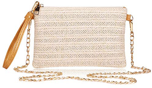COOKOOKY Womens Straw Clutch Bag Bohemian Summer Beach Straw Purse Zipper Wristlet Wallets for Women White Size: Large-2