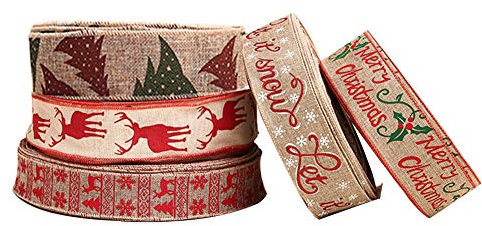 Cinta de Navidad, 5 rollos de 5 cm/6 cm de lino con borde de alambre, cinta de regalo para decoración de Navidad, 2 m por rollo