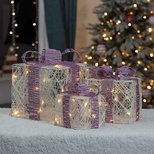 The Christmas Workshop 70839 Set of 3 Light-Up Christmas Boxes With Pink Bow/Indoor Christmas Decorations / 65 Warm White LED Lights/Battery Operated/Timer Functionality