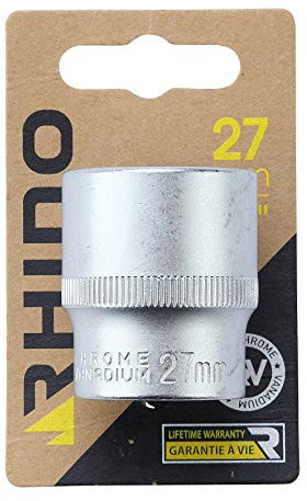 Rhino 9192 Juegos de Casquillo hexagonal, Corto métrico, 6 caras, Diámetro: 27 mm, Cuadrado de entrenamiento de 1/2 pulgadas, Alta calidad (Cromo Vanadio), Garantía de vida – Varios tamaños disponibles