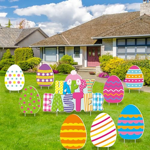 Fovths 9 Stück Frohe Ostern Hofschild Ostern Outdoor Rasen Dekorationen Bunte Eier Hofschild mit Pfähle für Ostern Zuhause Hof Rasen Wasserdicht Party Dekor
