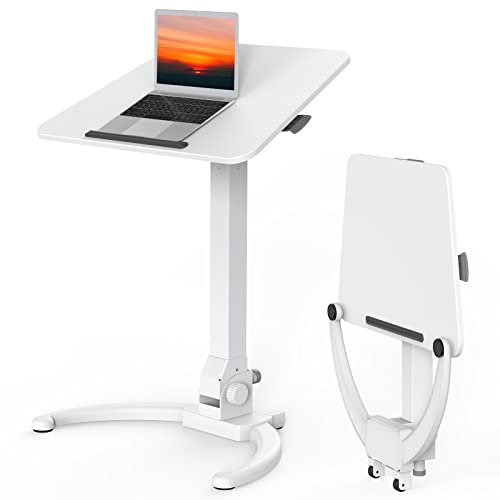 JOY worker Faltbarer mobiler Stehpult, Pneumatisch Höhenverstellbarer Sitzständer Schreibtisch, 90° Neigbarer Rolling Laptop Schreibtisch, Hält bis zu 10 kg, Weiß