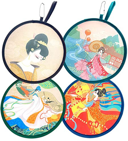 LTCT Foldable Fan Summer Handheld Round Folding Fan Chinese Style Tang Dynasty Poet Beauty Pattern Hand Fan Personal Decoration Wedding Party Decor Daily Use 4 Units Different Patterns