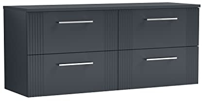 nuie DPF1493W2 Deco Modern Bathroom Wall Hung 4 Drawer Part Fluted Vanity Basin Unit with Double Worktop, 1200mm, Satin Anthracite