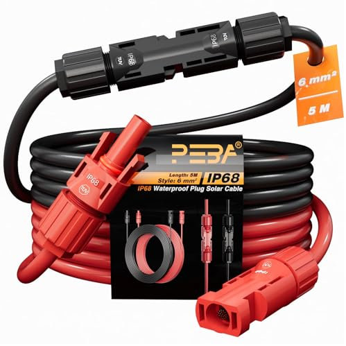 PEBA Prolunga Cavo Solare 2 x 5 M da 6mm²/10AWG 1/2/3/5/8/10/15/20 m con Spina Solare, cavo di prolunga solare fotovoltaico (rosso/nero), spina impermeabile IP68, cavo PV (6mm² 2 x 5M)