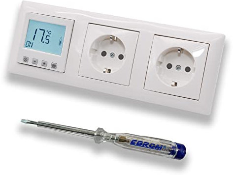 Halmburger Raumthermostat Raumtemperaturregler ERD-55rg DIGITAL in Busch Jäger Balance SI alpinweiß + 2 x Steckdose mit Berührungsschutz + EBROM Phasenprüfer zur Montage der Geräte, Fußbodenheizung