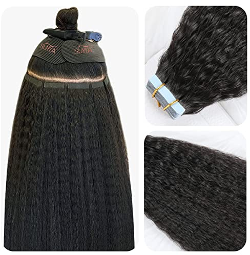 SUYYA Kinky Haarverlängerungen zum Einkleben, glatt, natürliches Schwarz, 45,7 cm, Hautschuss, 50 g/Packung, 20 Stück Tape Ins für Damen, Nr. 1B Naturschwarz