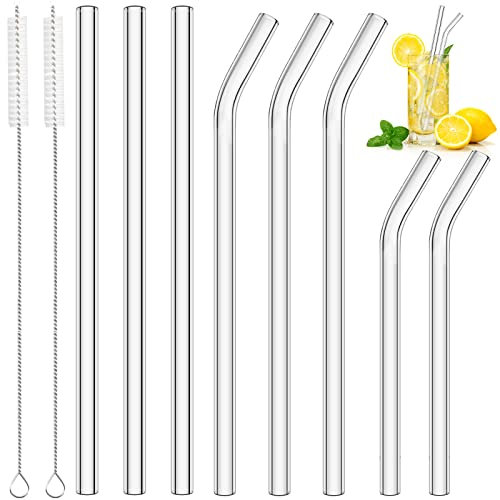 8 Pailles en Verre Réutilisables, 2 Courtes + 3 Longues Droites + 3 Écologiques Pailles en Verre Incurvées + 2 Brosses de Nettoyage Transparentes pour Cocktails Café Smoothie (Transparentes)